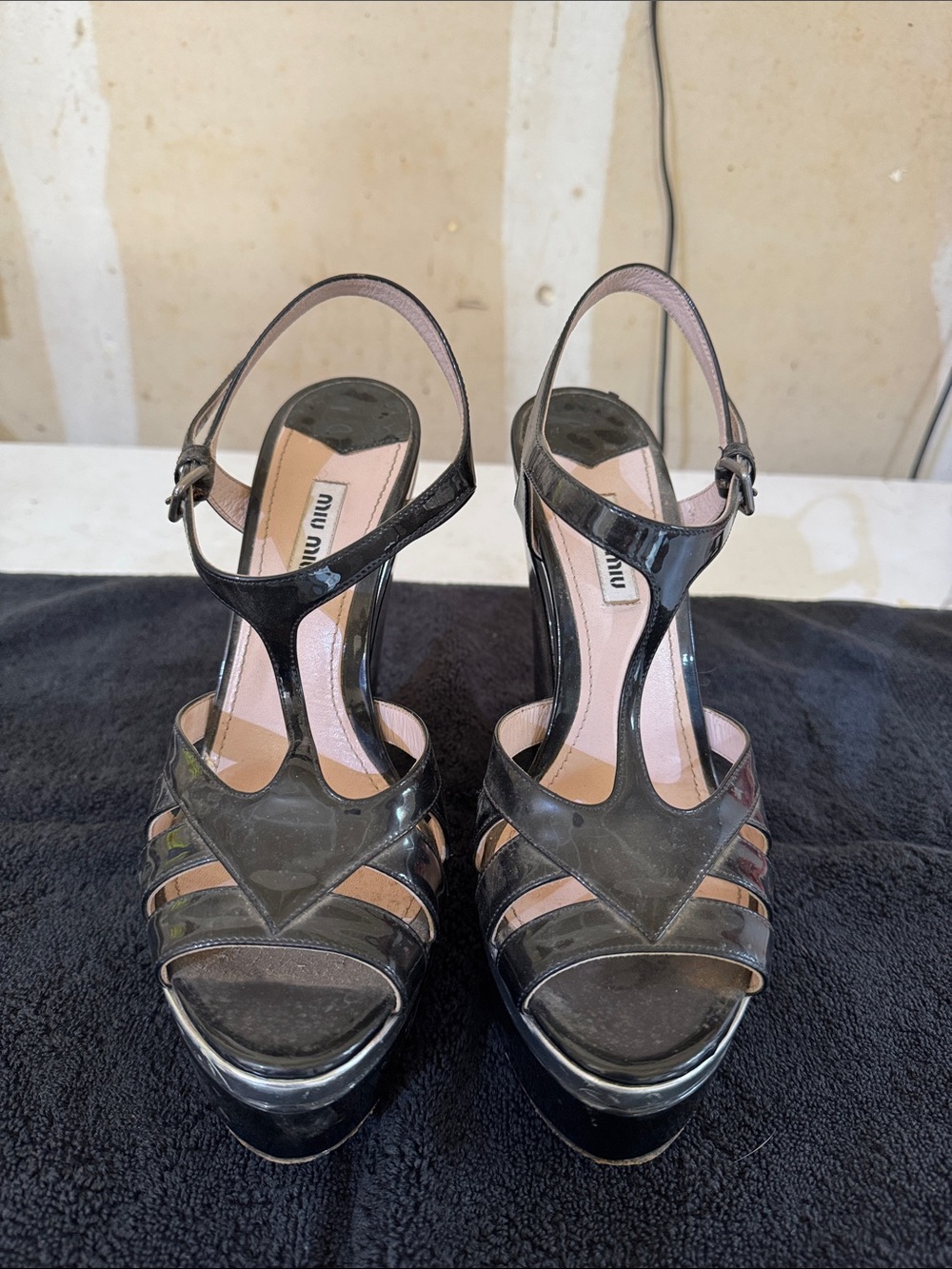 Miu Miu Black Patent Platform T-Strap Sandals